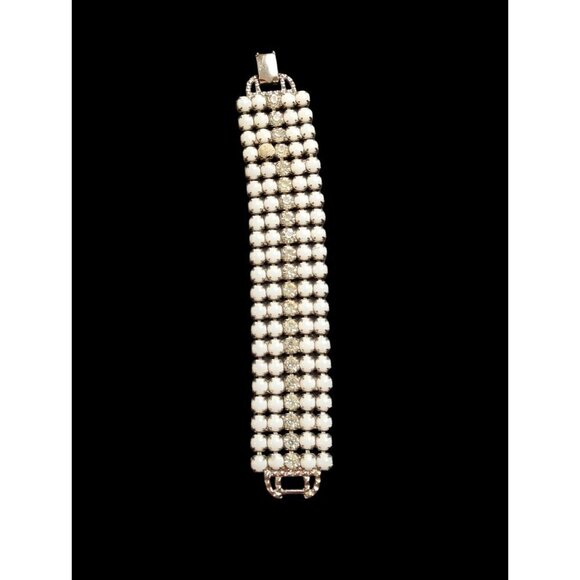 Vintage Jewelry - Vintage bracelet rhinestone and white beads statement Estate 7 inch